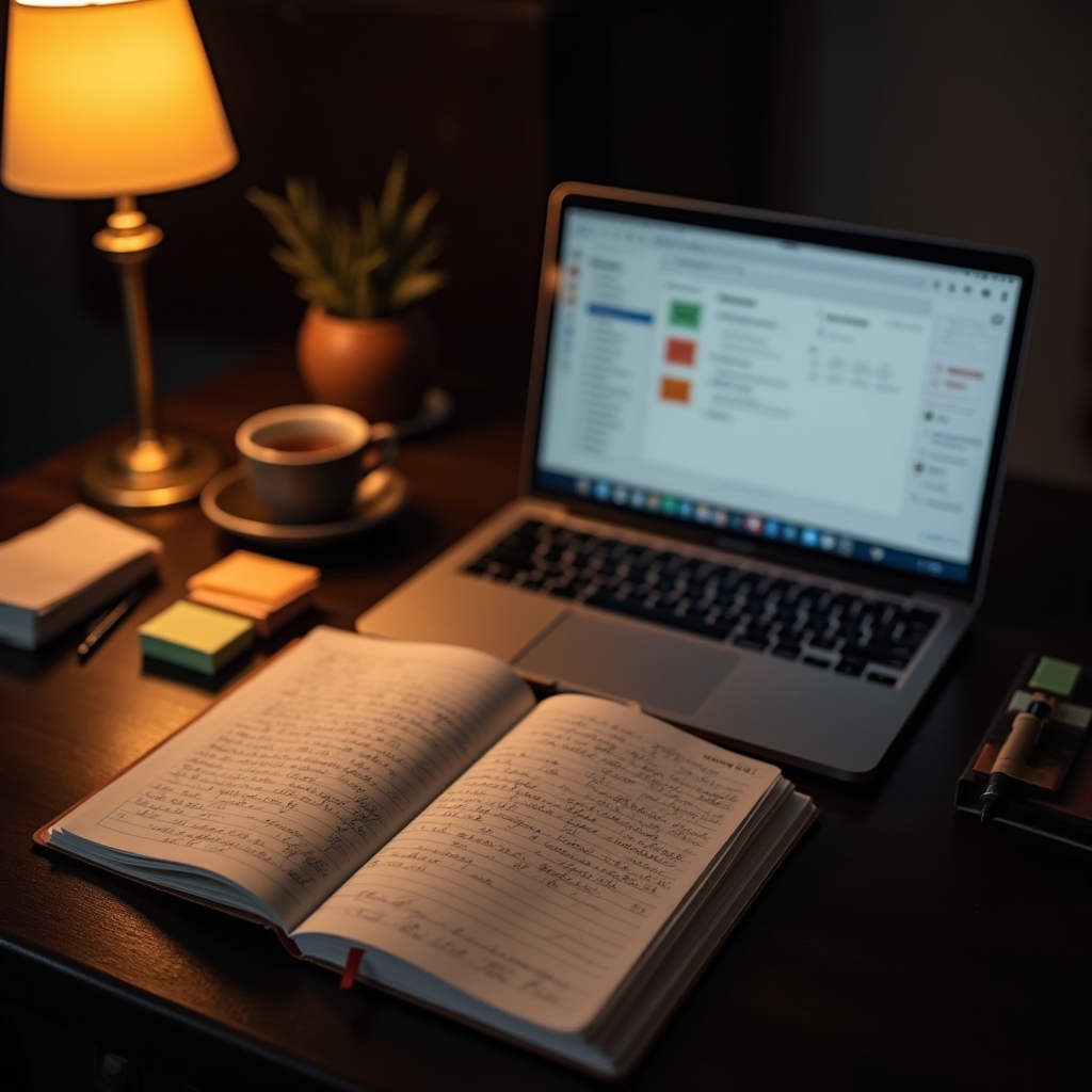 Organized desk with notebooks, digital device and structured note-taking system