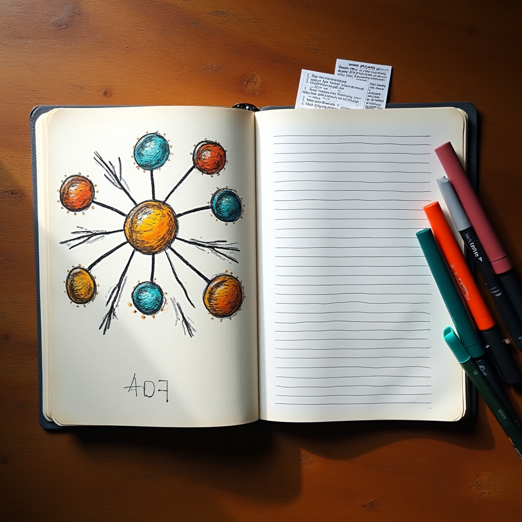 Open notebook with hand-drawn knowledge map, arrows connecting ideas, colored markers arranged on wooden surface