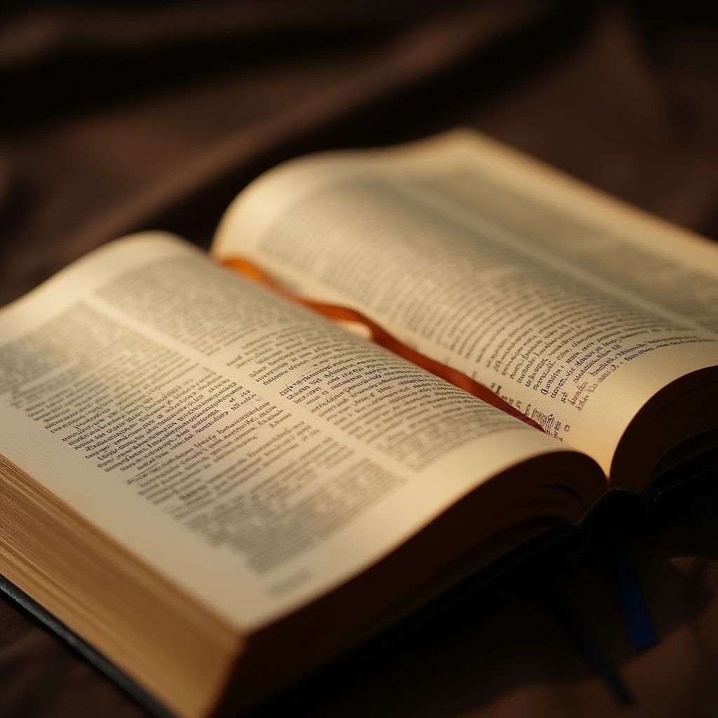 Open book with warm light illuminating pages and handwritten annotations visible