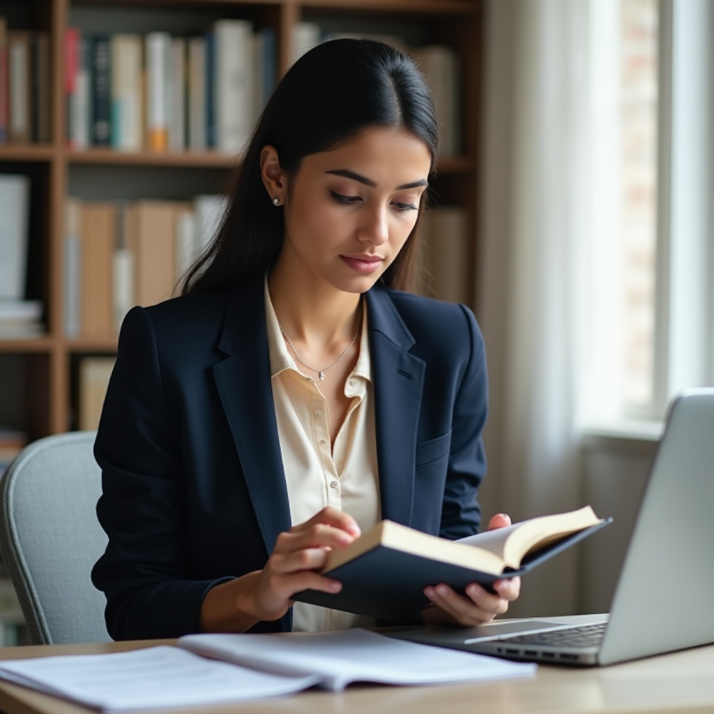 Young professional woman reading intensely with notes and laptop on desk